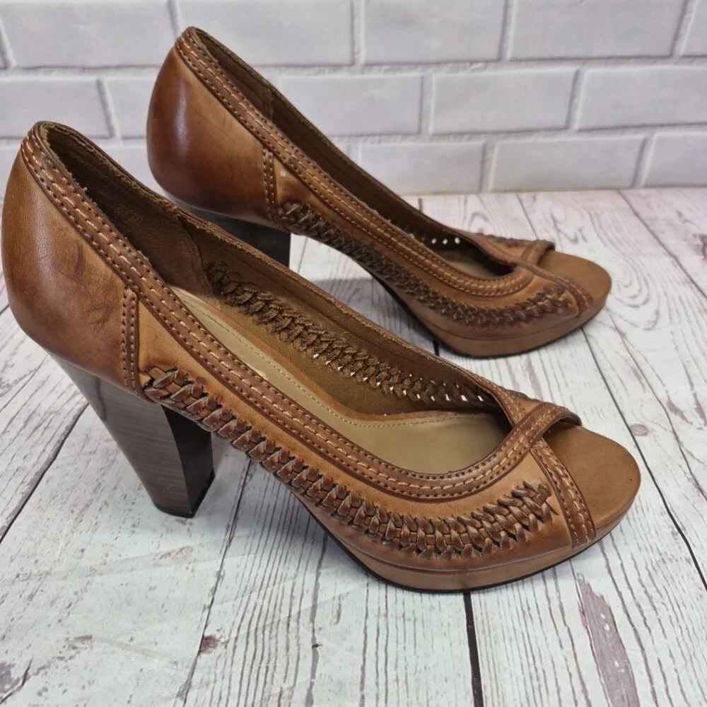 American Eagle Y2K Boho Chunky Braided Faux Leather Open Toe Block Heels 9 1/2 - Picture 2 of 7